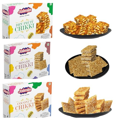 Jaimin Chikki Variety Pack, Dry Fruit, Sesame and Coconut Flavours Chikki Traditional Indian Brittle (Pack of 1, Sesame, Coconut & Dry fruit)