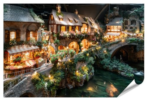 islandburner Prime XXL Bild Poster Beleuchtetes Märchendorf bei Nacht für Wohnzimmer Romantiker Restaurant Premium Bilder Fotodruck