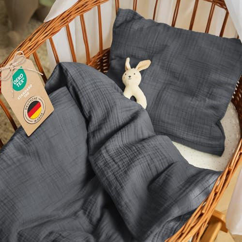 Laleni Ropa de cama para bebé de 80 x 80 cm, algodón, ropa de cama de muselina de 80 x 80 cm + funda de almohada de muselina de 35 x 40 cm, ropa de cama de verano con certificado Oeko-Tex, funda de 80