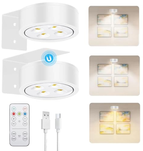 2 Stück Bildbeleuchtung Kabellos mit 3 Farbtemperaturen, Magnetisches Mallicht mit Timer, Picture Lights for Wall, Bilderlampe Bildbeleuchtung Kabellos, Dimmbare LED Wandlampe Akku (Weiß * 2)