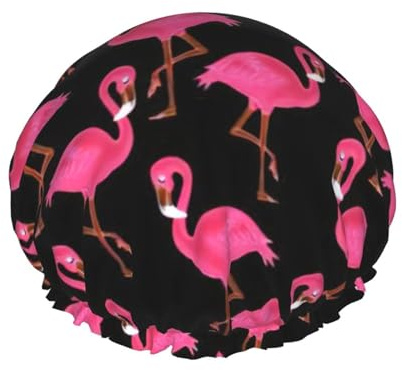Duschhaube für Damen, wiederverwendbar, doppellagig, stilvoll, weich, mit Gummiband, Rosa mit Flamingo-Muster