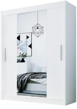 Armoire à portes coulissantes D2 120 cm Blanc 120 x 200 x 58 cm avec miroir - Meuble de chambre à coucher, rangement - Armoire multifonction