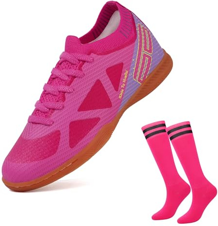 brooman Kids Futsal Indoor Soccer Shoes Boys Girls Soccer Sneakers with Soccer Socks (13,Fuchsia)