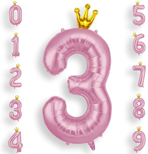 AOOSU Zahlen Luftballon 3 Rosa, 40 Zoll Folienballon 3 Geburtstag Helium Ballon 3, 101cm Zahlenballon 3 Ballon mit Krone für 3 Jahre Geburtstagsdeko Kinder Mädchen Junge und Jahrestag Dekorationen