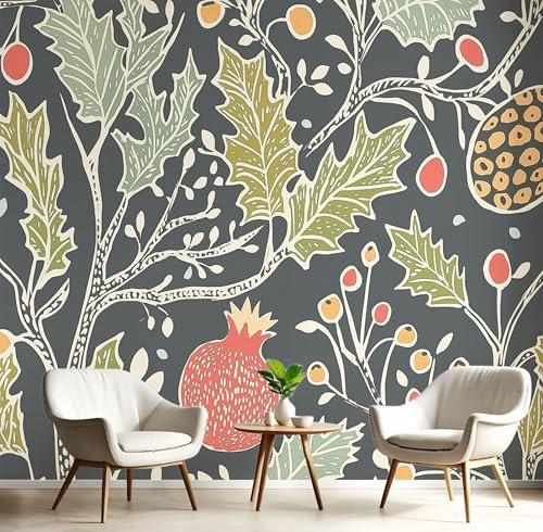 JEDTAKCT Papier Peint Panoramique Vert Olive, Papier Peint Soie Motif Forêt De Feuilles De Houx, Tapisserie Panoramique Salon, Décoration Murale Fruits Rétro Chambre Appartement, 400X280Cm