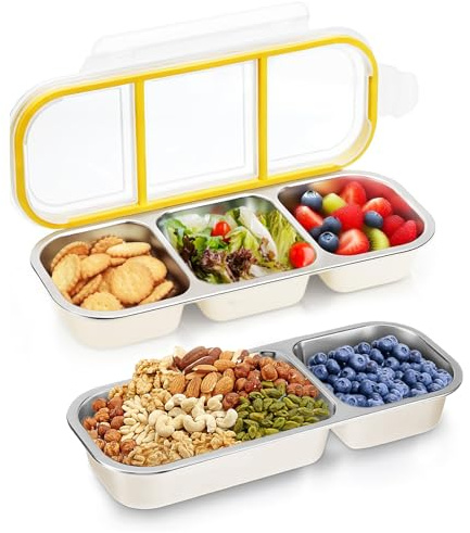2 Stück Snackbehälter aus Edelstahl,2er-Pack auslaufsichere,wiederverwendbare Snackbehälter mit Deckel,unterteilte Lebensmittelbehälter mit 2 und 3 Fächern,24 oz,für Schule,Arbeit,Outdoor,Reisen