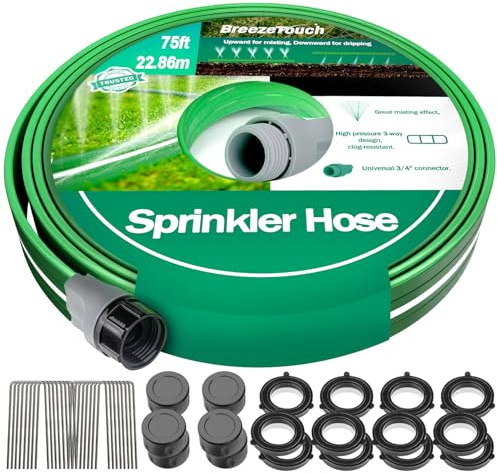Breeze Touch Mangueras de aspersor de 75 pies, manguera de jardín flexible con pulverización de alta niebla, manguera de riego plana a prueba de fugas