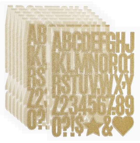 PATIKIL 368Pcs 1.6 Glitter Letter Stickers, 8Sheets Glitter Number Stickers Vinyl Self-Adhesive Alphabet Number Waterproof Decals for Scrapbook Decoration Mailbox Sign, Gold