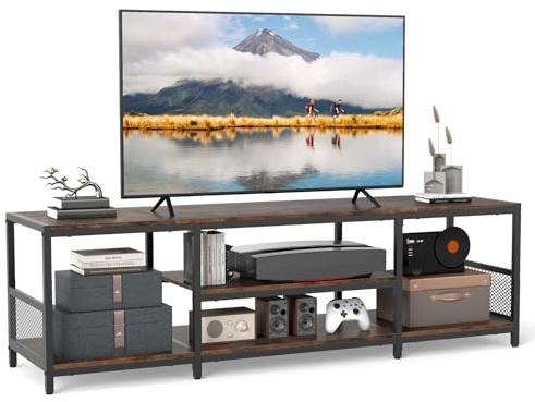 GYMAX Industrial TV Schrank, TV Lowboard für Fernseher bis zu 65 Zoll mit Ablageflächen, Fernsehschrank für Schlafzimmer & Wohnzimmer, rustikales Braun