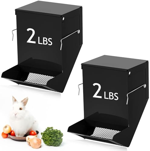 Maxcheck 2 Pcs Rabbit Feeder for Cages Small Animal Food Pellet Dispenser with Lid Metal Chicken Grit Oyster Shell Squirrel Feeders Outside(4.7 Inches,Mesh Bottom,Black)