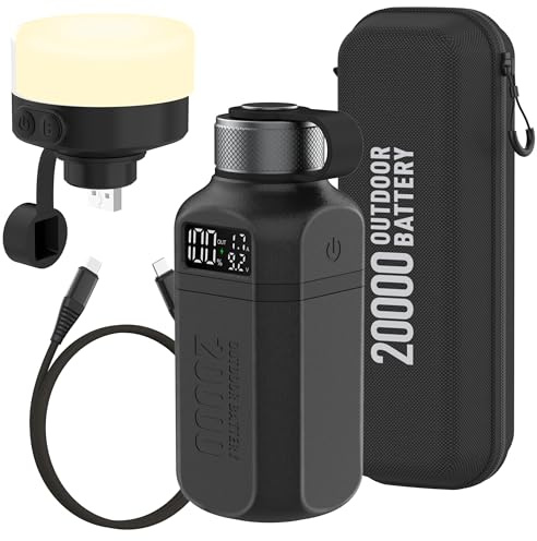 aswayke 20,000mAh Rugged Power Bank with Fast Charge USB-C PD, IP68 Waterproof Shockproof, Includes 420lm Bright Camping Lantern, Tactical Outdoor Charger for Hiking Camping Survival Emergency（Black）