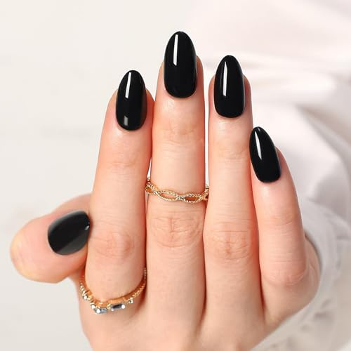 Nymora 30 Stück Press On Nails Schwarz, Klebe Nägel Falsche Nägel Black Mittellange, Mandelförmige Press on Nails Falsche Fingernägel Schwarz mit Nagelkleber und Feile