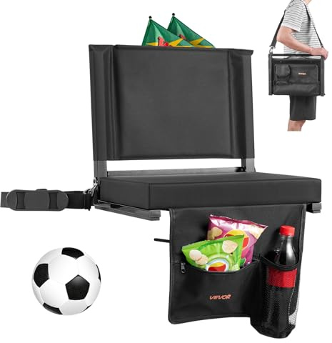 VEVOR Stadionsäte, fällstol med ryggstöd och tjock kudde, vadderad sits för läktare, inklusive axelrem, krokar, kopphållare och sidoficka, stol