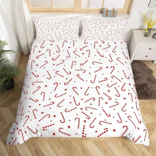 CCZM Weihnachten Bettwäsche 140x200 Zuckerstangen - Bettbezug 140x200 Sterne mit 2 Kissenbezüge 70x90 cm, Süßigkeiten Wendebettwäsche, Microfaser Bettwäsche mit Reißverschluss, E-1011
