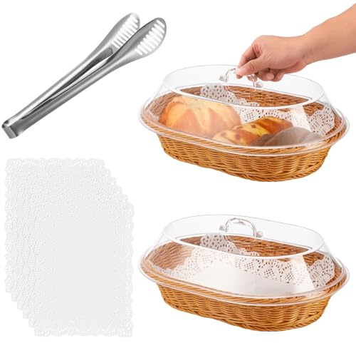 2 Pcs Imitation Rattan Bread Baskets with Acrylic Lid, Includes Serving Tongs and 50 Pcs Baking Liners, 15.7 in Oval Woven Baskets for Food Display, Home, Bakery