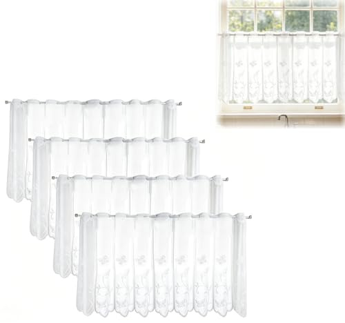 Scheibengardinen 4er Set-130x45cm-Bistrogardine Küche Modern-Halbtransparent Schmetterling -Kurzstores Weiß - Küchengardinen Lichtdurchlässig - Vorhänge Kurz Küche Wohnzimmer - Fenster Dekoration