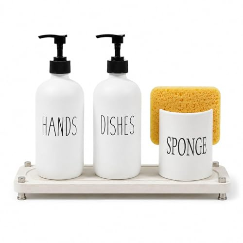 Raoletin 4 in 1 Kitchen Soap Dispenser Set Washing Up Liquid Dispenser with Instant Dry Tray, Glass Hand Soap Dispenser Bottles with Sponge Caddy for Countertop Sink Organiser, White