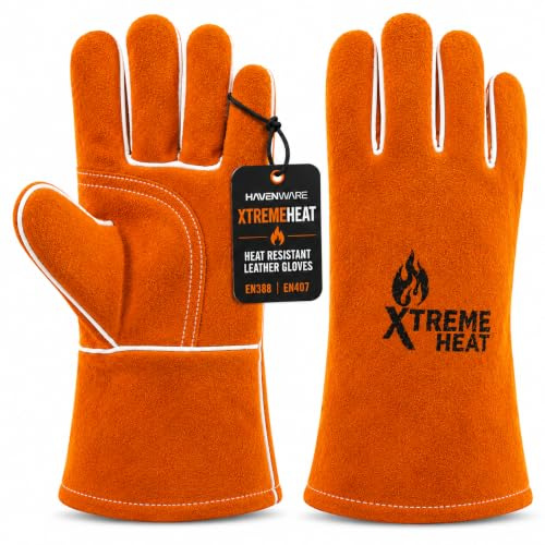 HAVENWARE XtremeHeat Heat Resistant Leather Gloves – Heavy Duty Fireside Safety Gauntlets for Wood Burners, Multi-Fuel Stoves, BBQs, Fire Pits & Pizza Ovens – EN388 & EN407 Certified