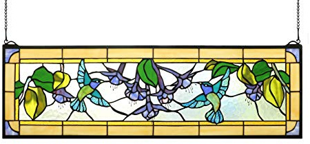 Yogoart Tiffany Style Stained Glass Hummingbirds Fuchsia Horizontal Art Glass Panel 10 x 32