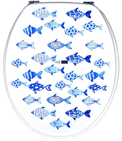 BM 4104 Copriwater Sedile Tavoletta WC Universale Coperchio Toilet Seat Bagno in Legno MDF Blu Decorato Motivo Pesciolini Sfondo Bianco, Misura Standard Fissaggio dal Basso Cerniere in Acciaio