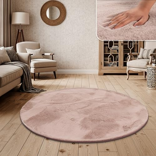 Paco Home Hochflor Teppich Wohnzimmer Schlafzimmer Shaggy Modern Flauschiger Fellteppich Weich Fell Imitat Kunstfell Einfarbig, Grösse:Ø 80 cm Rund, Farbe:Pink