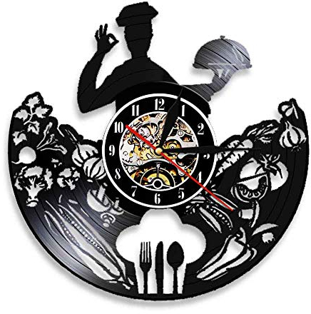 Dia 30cm Chef Silhouette Orologio da parete da cucina Forchetta da buongustaio Disco in vinile Coltello da LP Cucchiaio Decorazioni per la casa Orologio da appendere Design moderno Amici regalo Tele
