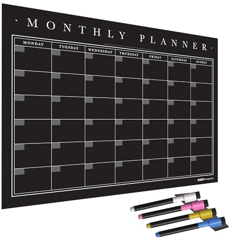 The Magnet Shop WallTAC Väggplanerare och månadskalender A2 | Återanvändbar, avtagbar och flyttbar självhäftande whiteboardorganiserare | för hem, skola och kontor (svart krittavla, A2)