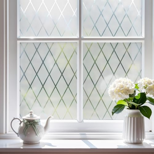FEOMOS Fensterfolie Gitter Transparent, Milchglasfolie, 60x300cm | Blickdicht Sichtschutzfolie Statisch Haftend, Selbsthaftend Fester, Anti-UV, Dekorfolie Sichtschutzfolie für Zuhause Büro