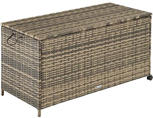 tectake® Poly Rattan Gartenbox wetterfest, outdoor Box mit Deckel, Auflagenbox, rollbar, Aufbewahrungsbox für Garten, Terrasse und Balkon, 117 x 54 x 64 cm, 297l - natur