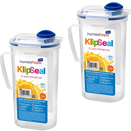 HOMESHOPA Clip & Lock Fridge Door Water Jug with Handle, 2 Pack 2 Litre Rectangular Liquid Water Storage Jug, BPA Free Plastic Pitcher with Flip Top Lid, Leak Proof & Airtight, Clear/Blue