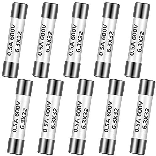 Kingdder Fusibles FF 0,5 A 600 V DMM de acción de soplado rápido, 500 mA, cerámica de latón, 6,3 x 32 mm (10 unidades)