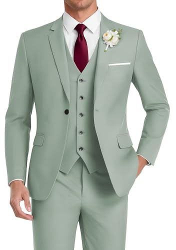 HUUTOE Traje de 3 Piezas para Hombre, Ajustado, para Boda, Padrinos de Boda, graduación, Negocios, un botón, Chaqueta, Chaleco, Pantalones, Esmoquin, Verde (Dusty Green), Medium