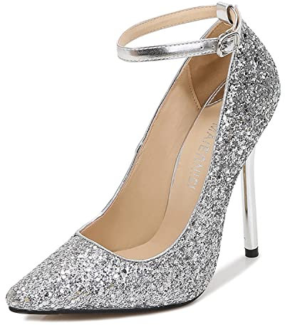 Décolleté con cinturino alla caviglia con tacco a spillo glitterato da donna Décolleté con punta a punta chiusa Tacco fantasia Abito da sposa classico per feste Scarpe con décolleté 13cm,Argento,35