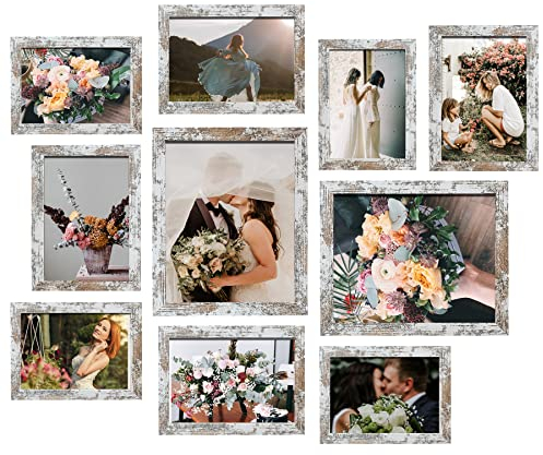 LUCKYLIFE Picture Frame Set 10-Pack, Gallery Wall Frame Collage with 8x10 5x7 4x6 Frames in Distressed White Finishes
