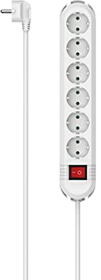 Hama Grenuttag 6-Vägs Med Strömbrytare - Väggmontering, 2 M Kabel, Flera Kontakter, Kontaktskydd, Upplyst, 90° - Vit
