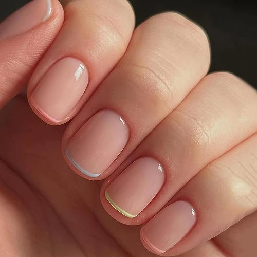 24 Stück Nägel Zum Aufkleben Kurz Eckig, Französische Press on Nail Farbiger Rand Falsche Nägel, Ballarina Glossy Fake Nails Acryl Künstliche Fingernägel für Frauen und Mädchen