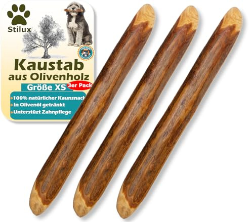 Stilux® 3er Set Kauhloz aus Olivenholz für Hunde bis 5Kg, Größe XS, Kauknochen Hundespielzeug, natürliches Welpenspielzeug zur Hund Zahnpflege