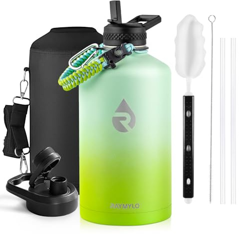 RAYMYLO Gallon Water Bottle Insulated, Triple Wall Vacuum Stainless Steel | 3.8L Leak Proof Metal Water Flask Jug with Straw & Spout Lids for Sports and Travel, BPA-Free,Cold for 48 Hrs, Hot for 24 Hrs