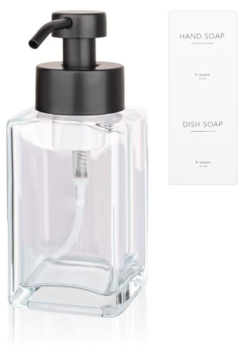 Foaming Soap Dispenser with Stainless Steel Pump, 12oz Refillable Glass Liquid Dish Soap Bottles for Bathroom, Kitchen Sink, Home Decor