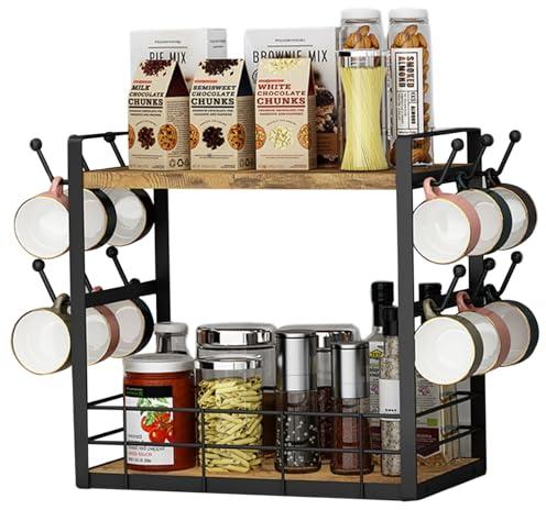 Kaffeestations Organizer 2 stufiger Kaffeetassenhalter mit 12 Haken Vintage Desktop Küchenregal Organizer belastbare Becherhalter für die Arbeitsplatte 34,9x20,1x34,9 cm