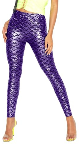 FASHION 7STAR Ladies Fancy Dance Party Mermaid Metallic Legging Girls Stretchy Tight Disco Fish Scale Printed Full Length Leggings Pants