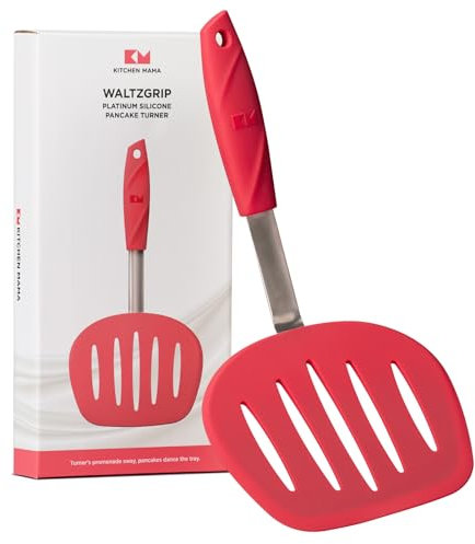 Spatule à Crêpes en Silicone Platine WALTZGRIP Kitchen Mama: résistant à la chaleur, tête large et fendue, noyau en acier inoxydable, durable, lavable au lave-vaisselle (Rouge)
