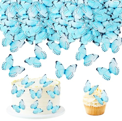 48Pcs Edible Butterfly Cupcake Toppers 3D Edible Butterfly Cake Topper Blue Butterfly Cupcake Decoration Picks Wedding Baby Shower Party Wedding Anniversary Birthday Party Cupcake Decoration