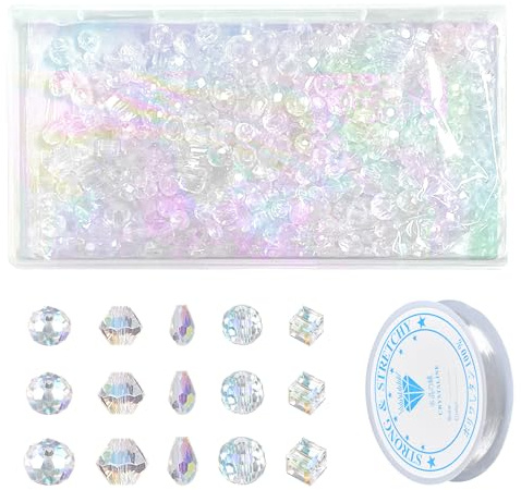 NYGGTYK Lot de 800 perles en verre cristal transparent en 5 formes et 3 tailles, adaptées pour les bijoux et l'artisanat