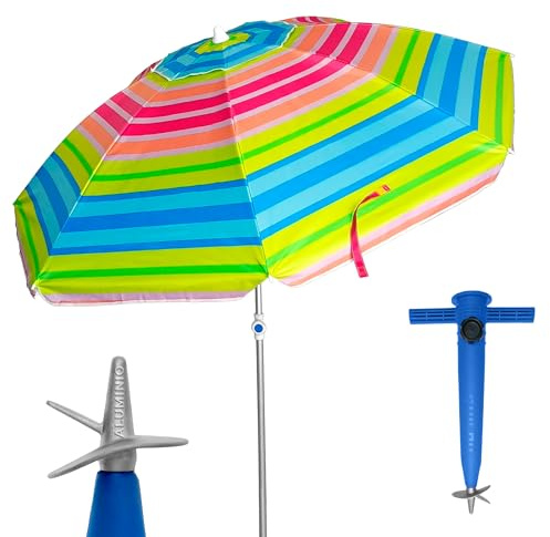 Pincho Großer Strandschirm Ø200 cm, Windschutz, UV-Schutz 50, Qualitätsmaterialien, Aluminiumrohr, Fiberglasgestänge, Liegestab, inkl. Pincho mit Aluspitze (mehrfarbig)