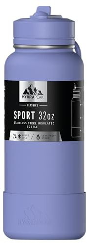 Hydrapeak 32oz Sport Insulated Water Bottle with Straw or Chug Lid, Leak & Spill Proof, Keeps Drinks Cold for 24 Hours, Hot for 12 Hours, Premium Stainless Steel Water Bottles (32oz, Periwinkle)
