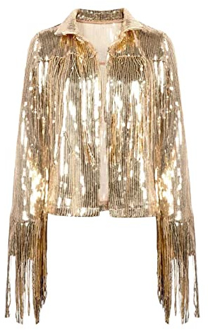 Himllauen Lässige Damenjacke mit Pailletten, langärmelig, einfarbig, offener Blazer mit Quasten, sexy Clubwear für Party, Ausgehen, Clubs für Sommer, Herbst, gold, 36