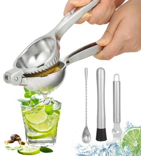 Zitronenpresse Handpresse Edelstahl Set, Zitruspresse manuell mit Zestenreißer, Cocktail Stößel Edelstahl Cocktaillöffel, Limettenpresse Set, Zitronenpresse für Zitronen, Orangenpresse für Küche, bar