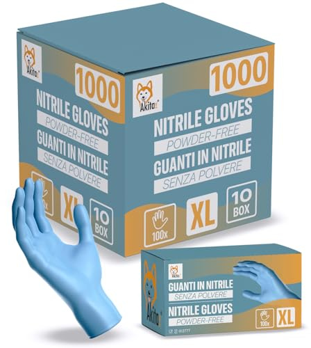 AKITAInk Guanti in Nitrile Blu senza polvere, senza lattice - Ipoallergenici, Resistenti, Ideali per Ambiti Medici e Alimentari per Estetisti, Tatuatori, Ambiti Medici, guanti per alimenti (1000, XL)