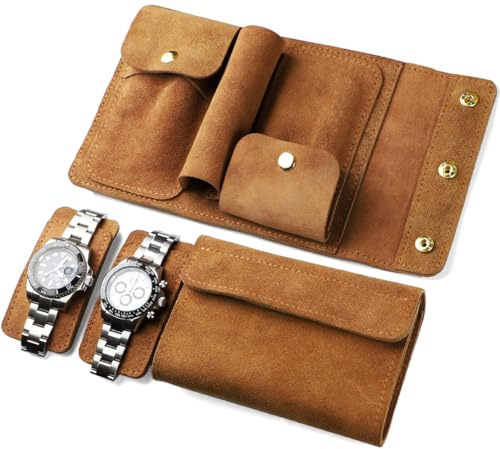 Sight Focus 2 Slots Portable Travel Watch Box Cow Suede Leather Double Watch Case Pouch Watch Holder Organizer Storage Jewelry Wristwatch Roll Secure Storage Durable Easy Carry On Brown